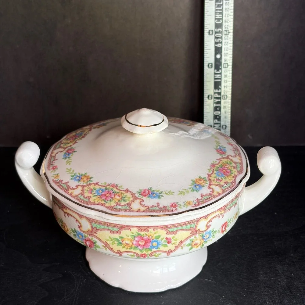 Antique Floral Porcelain Lidded Sugar Bowl Gold Gilt Trim Footed Tea Server